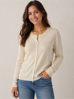 Garnet Hill Cream Button-Front Cardigan with Beaded Collar Silk/Cotton blend XL